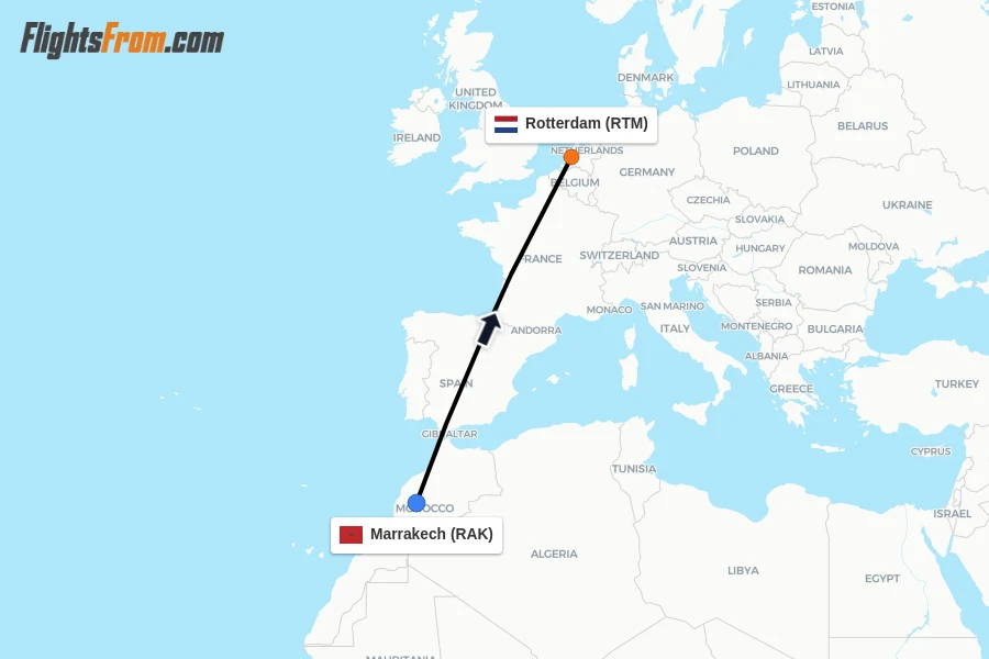 Flights from Marrakech to Rotterdam route map