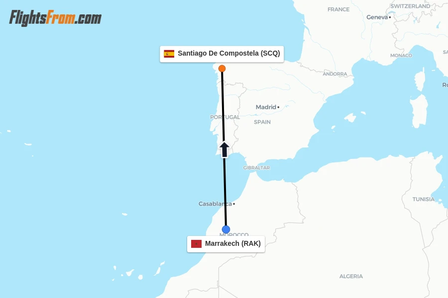 Flights from Marrakech to Santiago De Compostela route map