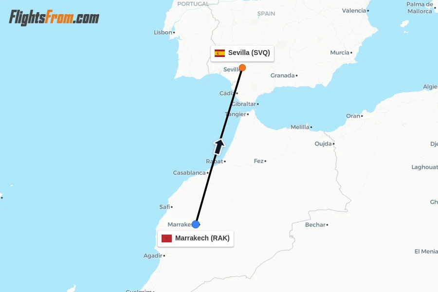 Flights from Marrakech to Sevilla route map