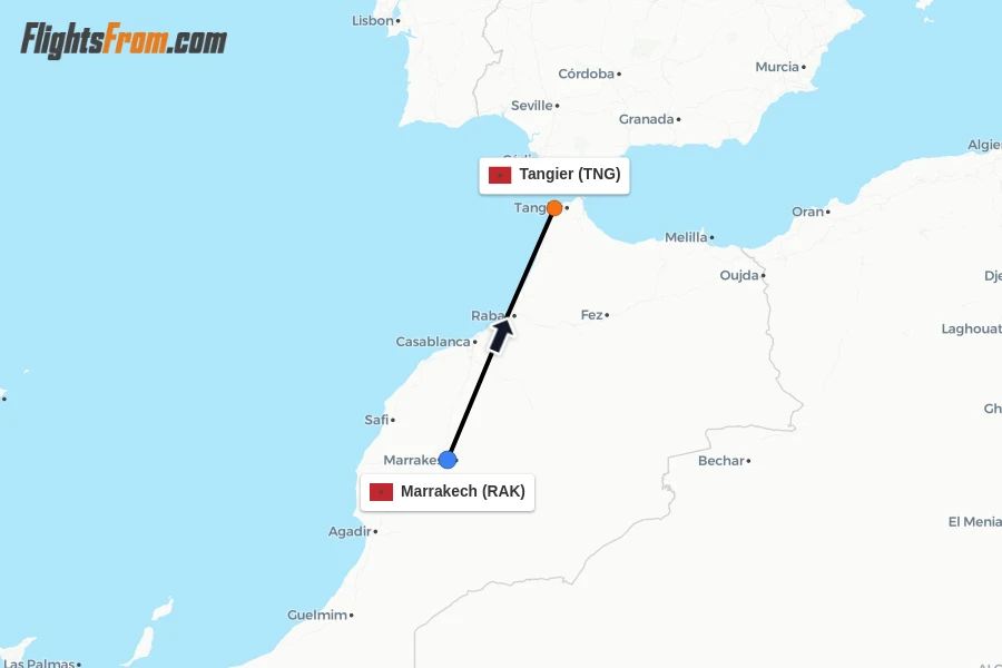 Flights from Marrakech to Tangier route map