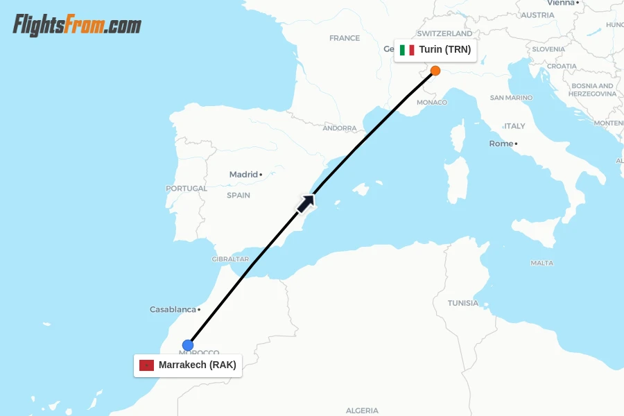 Flights from Marrakech to Turin route map