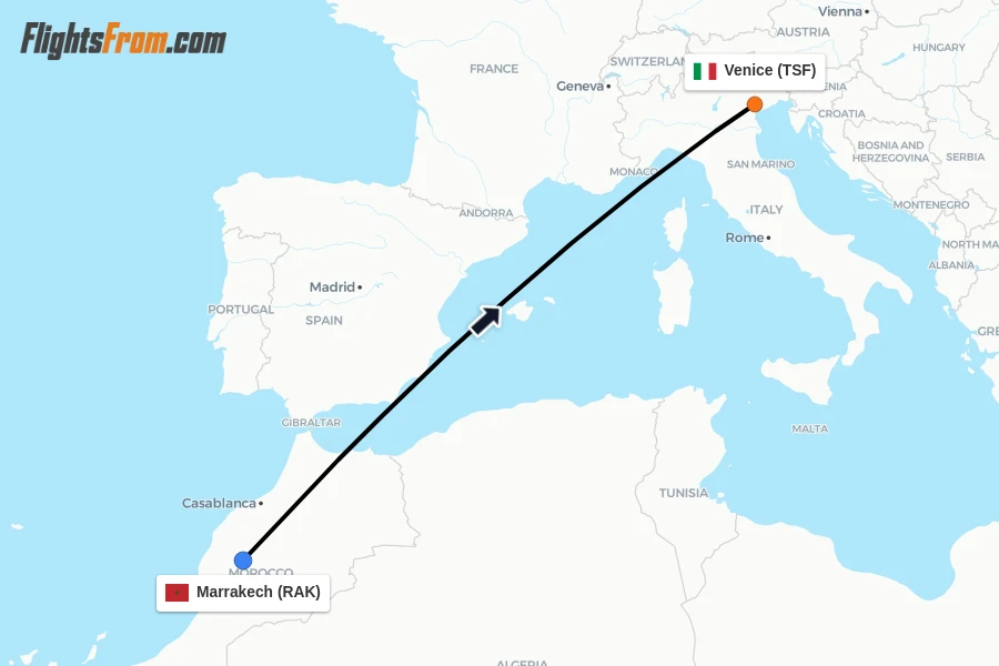 Flights from Marrakech to Venice route map