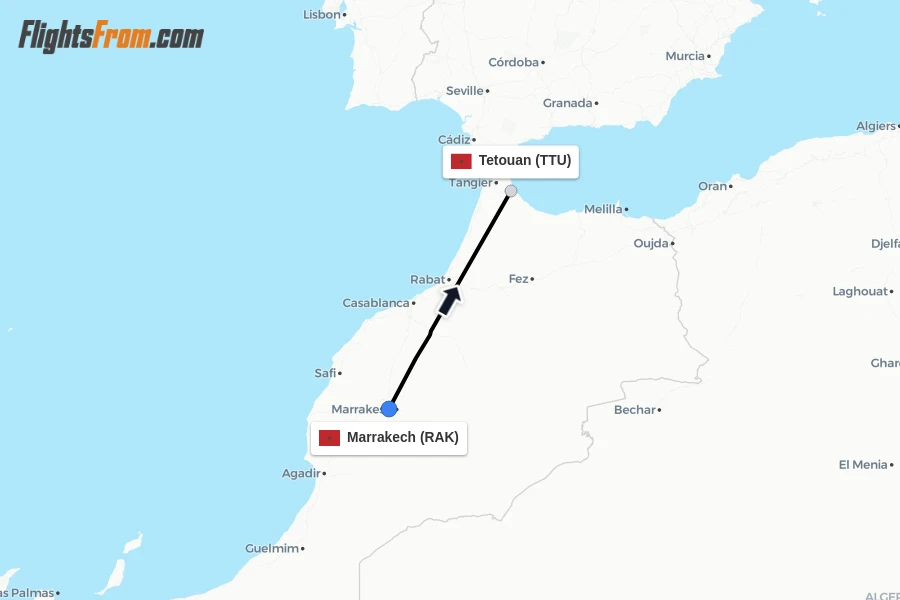 Flights from Marrakech to Tetouan route map