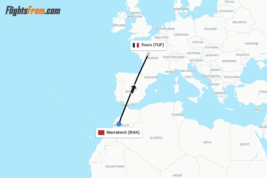 Flights from Marrakech to Tours route map