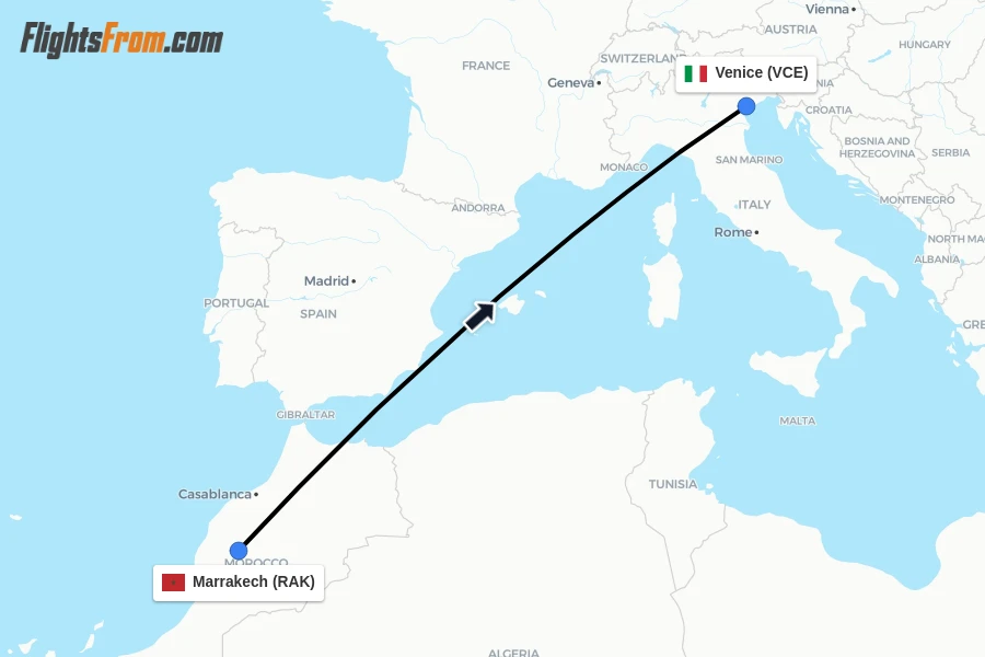 Flights from Marrakech to Venice route map