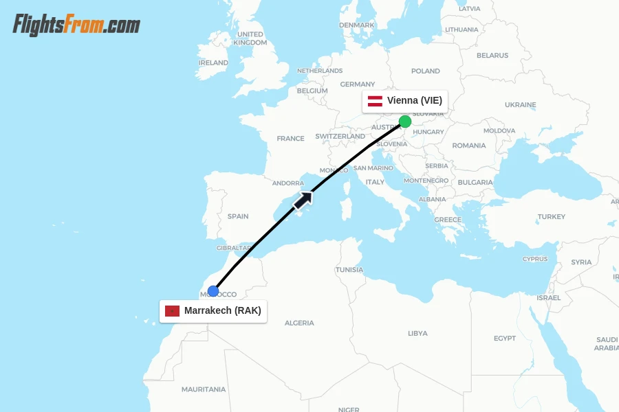Flights from Marrakech to Vienna route map