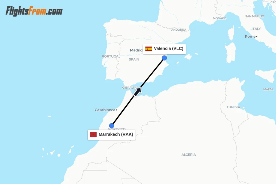 Flights from Marrakech to Valencia route map
