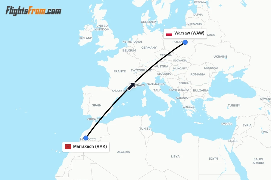Flights from Marrakech to Warsaw route map