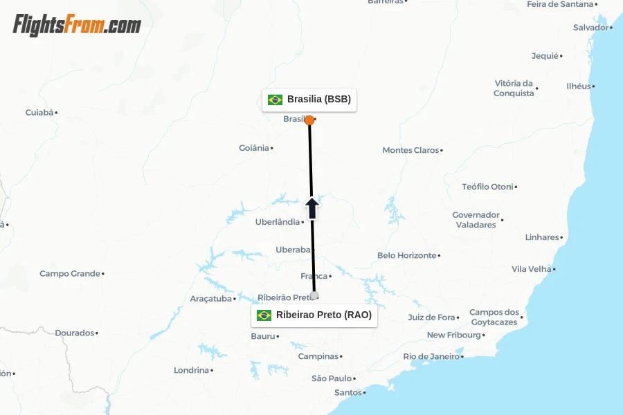 Flights from Ribeirao Preto to Brasilia route map