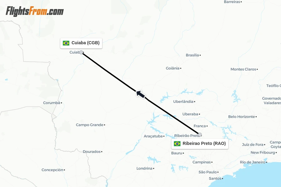 Flights from Ribeirao Preto to Cuiaba route map