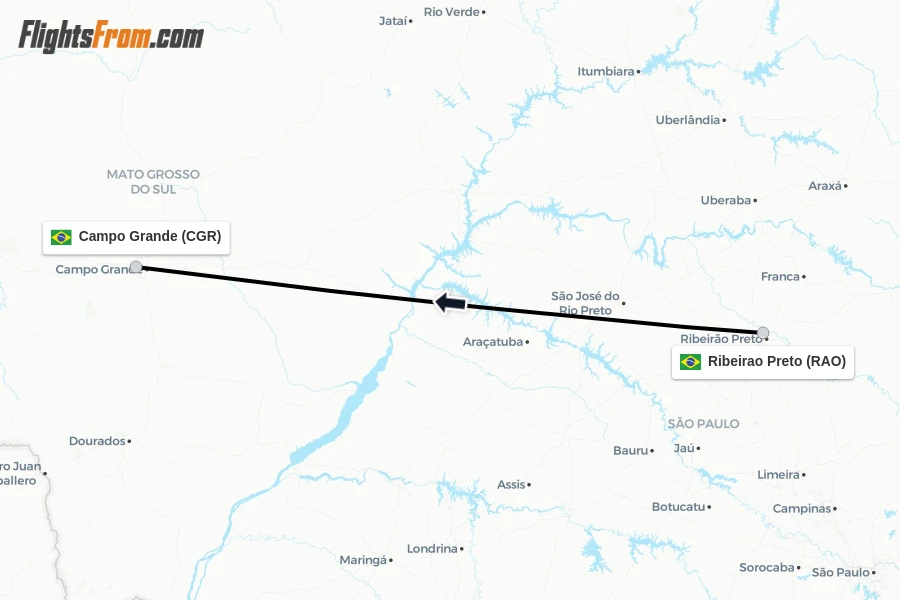 Flights from Ribeirao Preto to Campo Grande route map