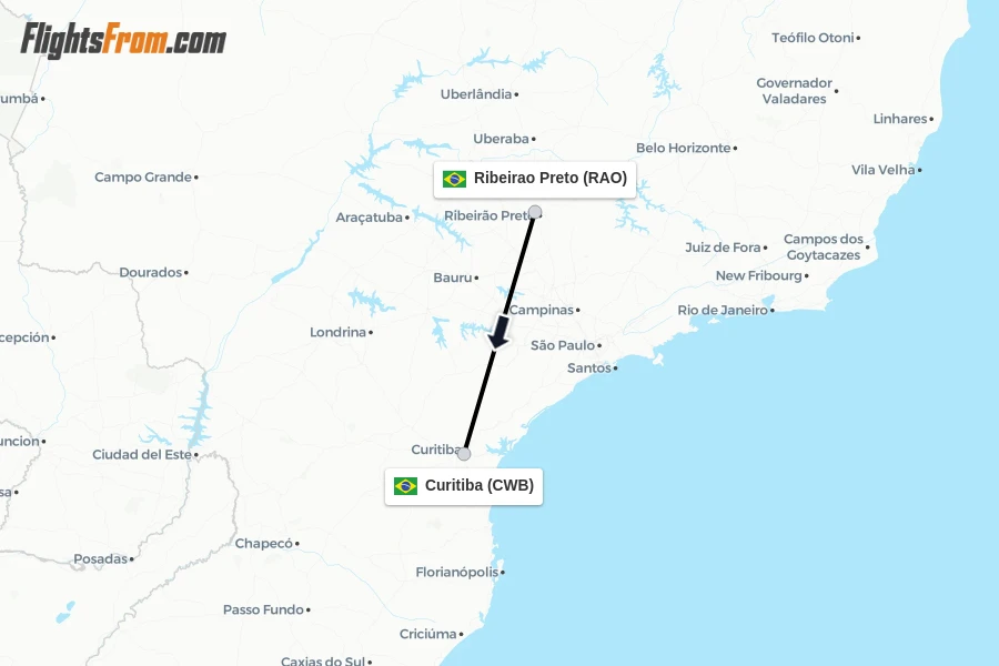 Flights from Ribeirao Preto to Curitiba route map