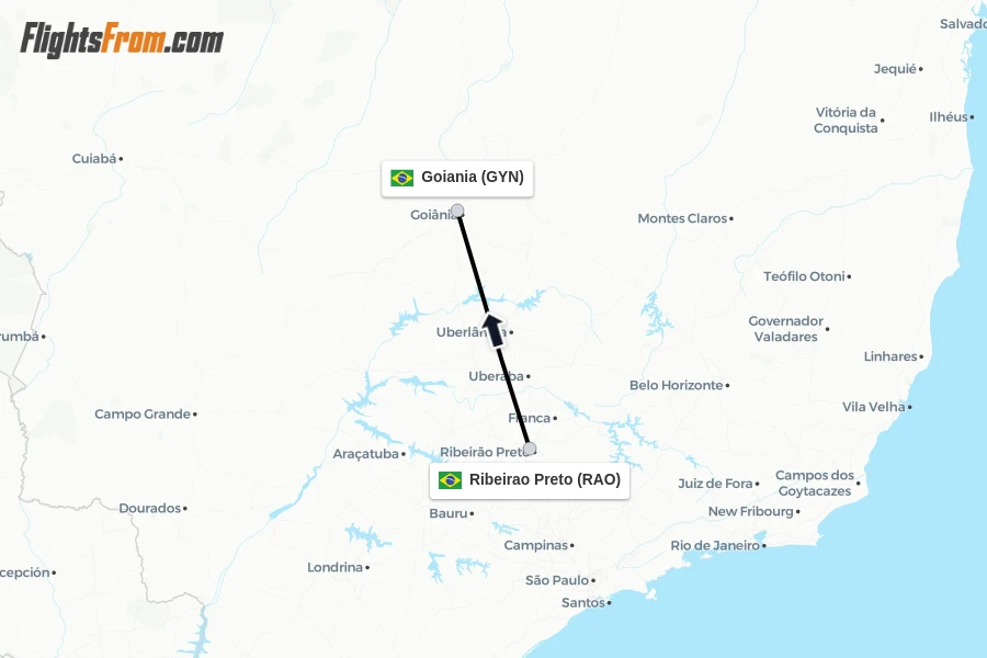 Flights from Ribeirao Preto to Goiania route map
