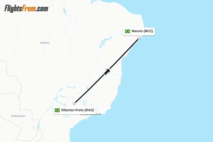 Flights from Ribeirao Preto to Maceio route map