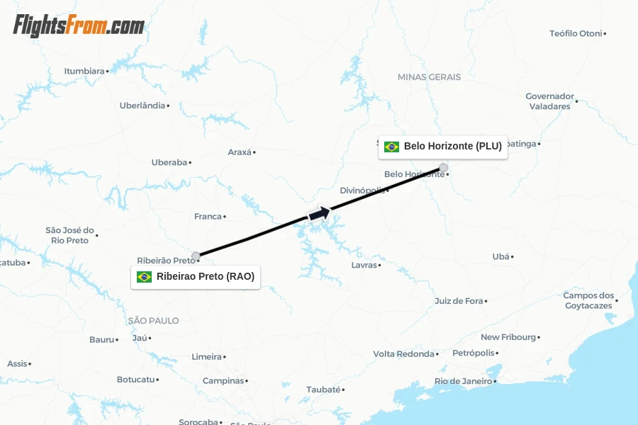 Flights from Ribeirao Preto to Belo Horizonte route map