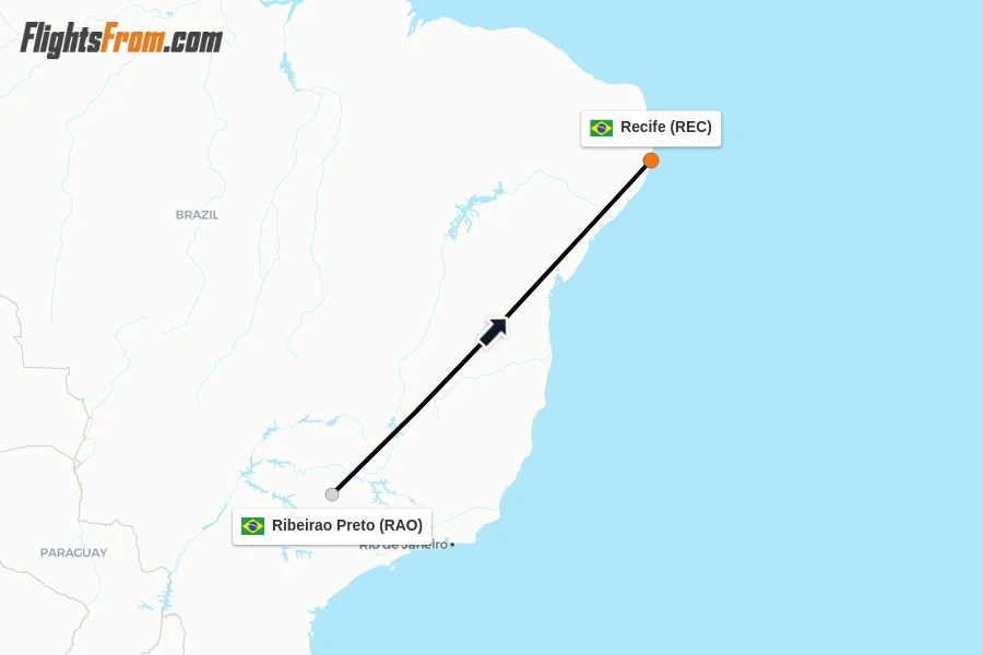 Flights from Ribeirao Preto to Recife route map