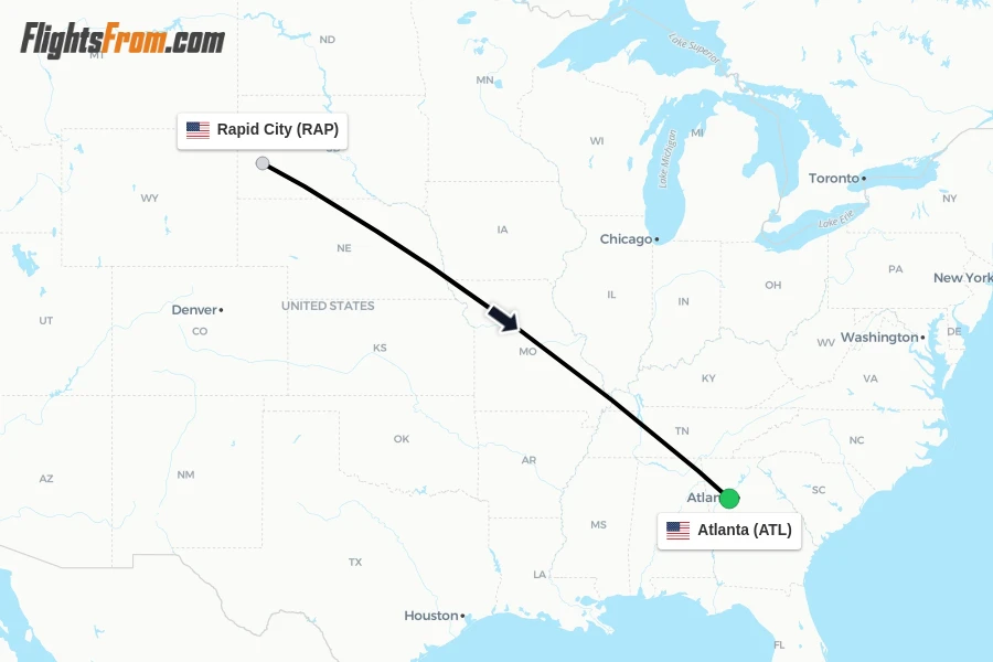 Flights from Rapid City to Atlanta route map