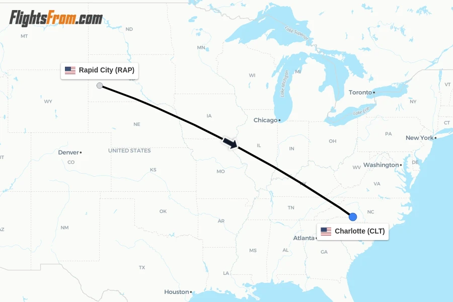 Flights from Rapid City to Charlotte route map