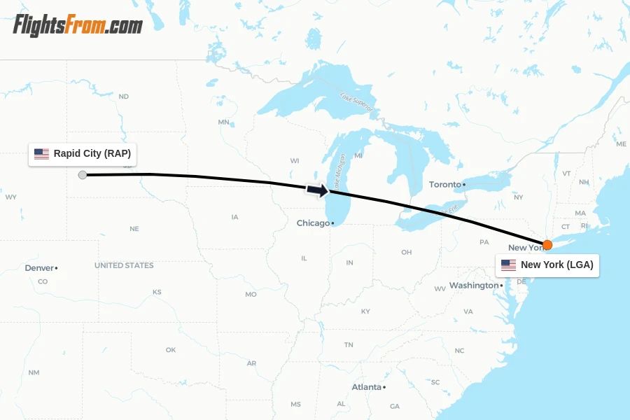 Flights from Rapid City to New York route map
