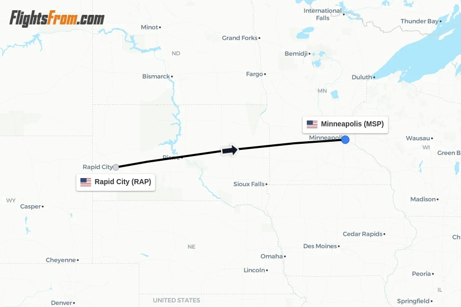Flights from Rapid City to Minneapolis route map