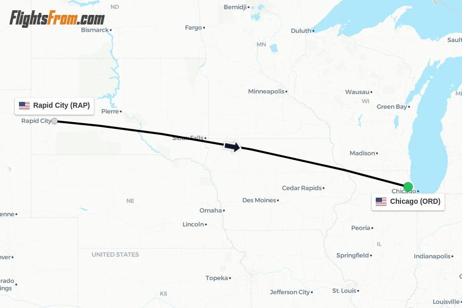Flights from Rapid City to Chicago route map