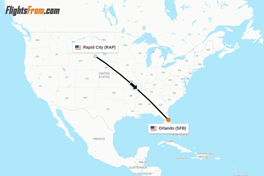 Flights from Rapid City to Orlando route map