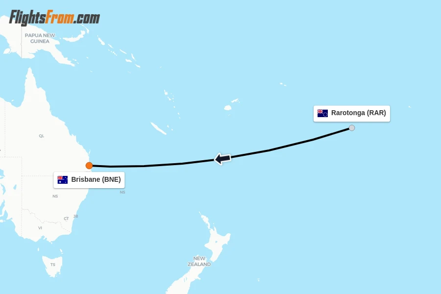 Flights from Rarotonga to Brisbane route map