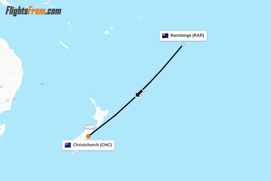 Flights from Rarotonga to Christchurch route map