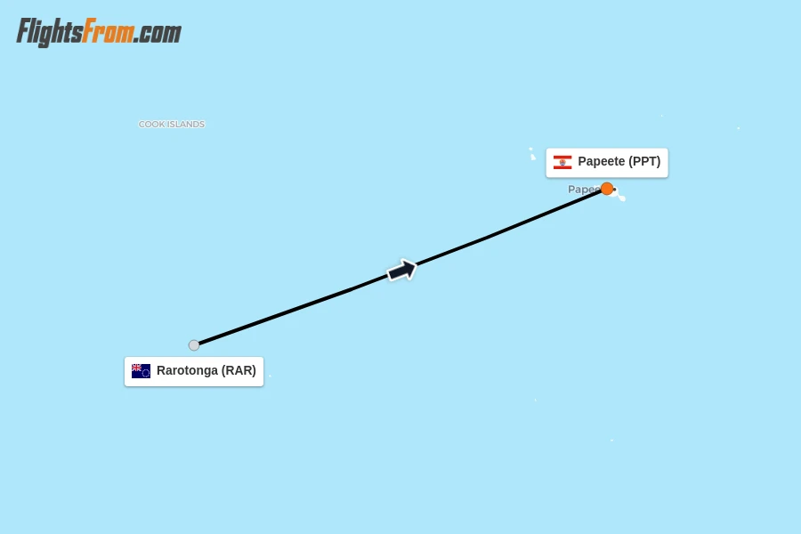 Flights from Rarotonga to Papeete route map