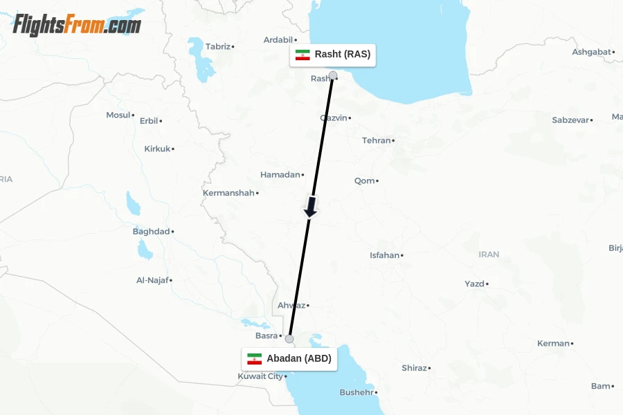 Flights from Rasht to Abadan route map