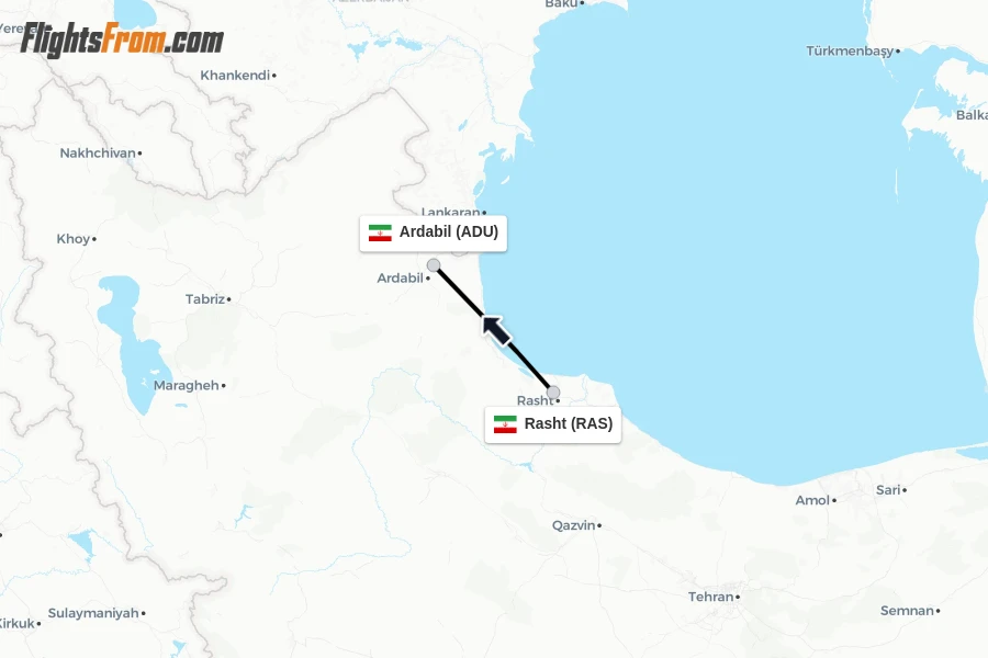 Flights from Rasht to Ardabil route map