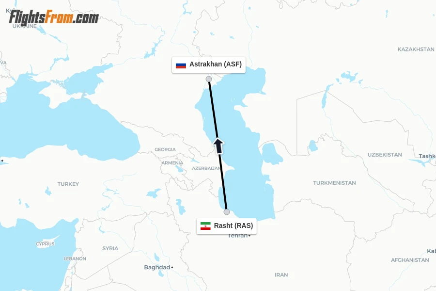 Flights from Rasht to Astrakhan route map