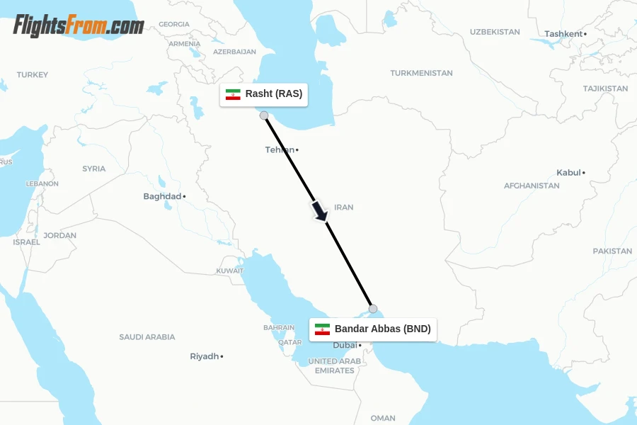 Flights from Rasht to Bandar Abbas route map