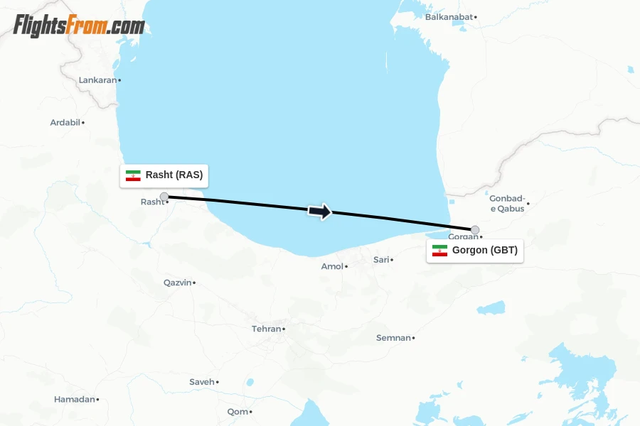 Flights from Rasht to Gorgon route map