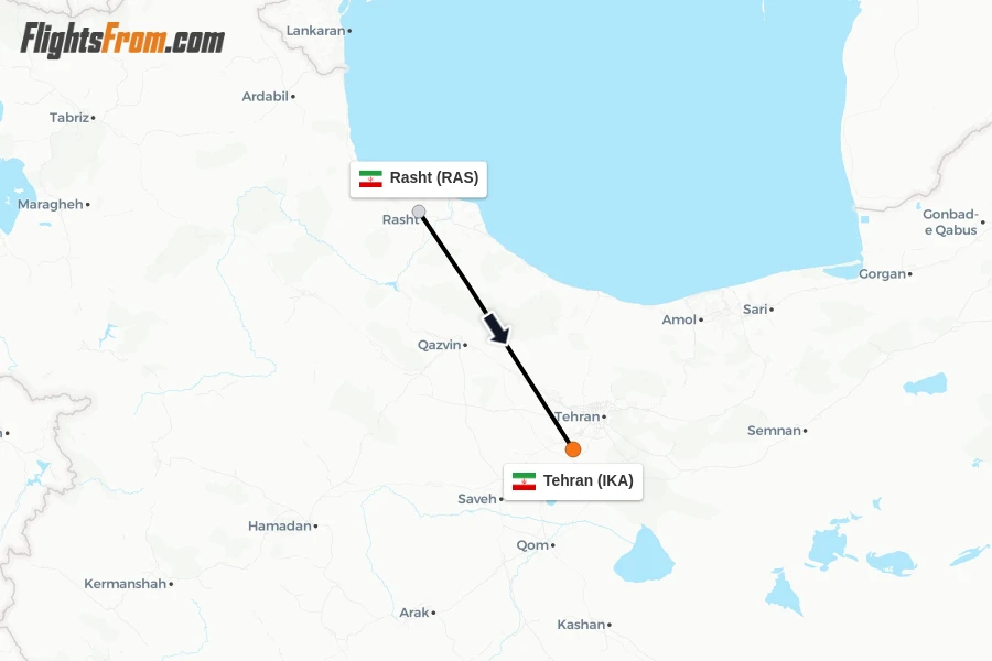 Flights from Rasht to Tehran route map