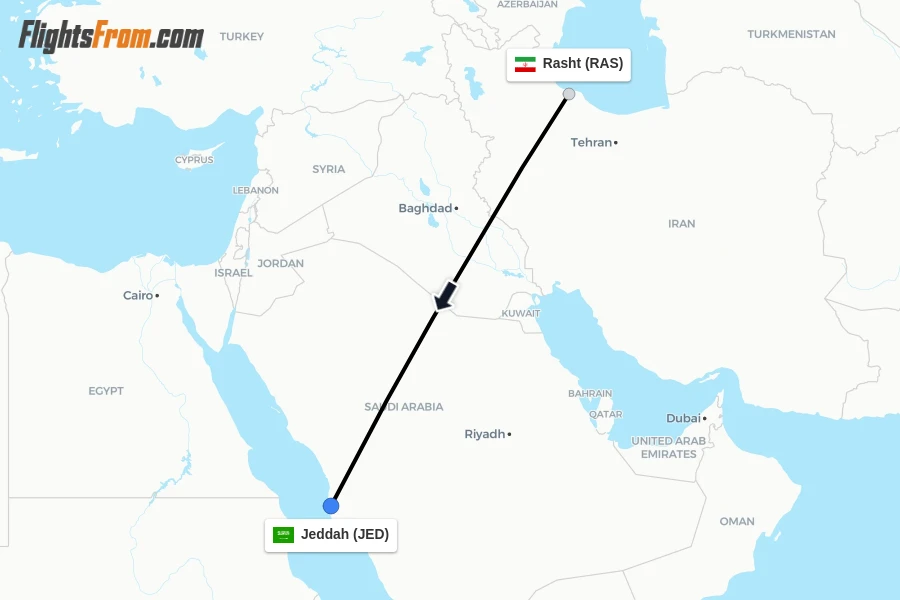 Flights from Rasht to Jeddah route map