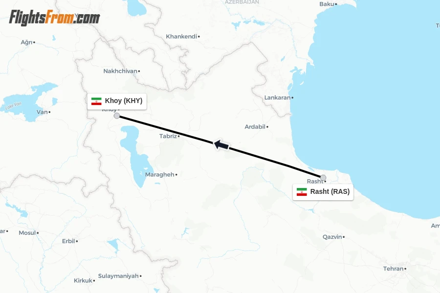 Flights from Rasht to Khoy route map