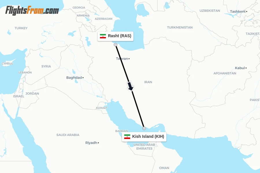 Flights from Rasht to Kish Island route map
