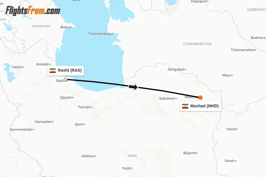 Flights from Rasht to Mashad route map