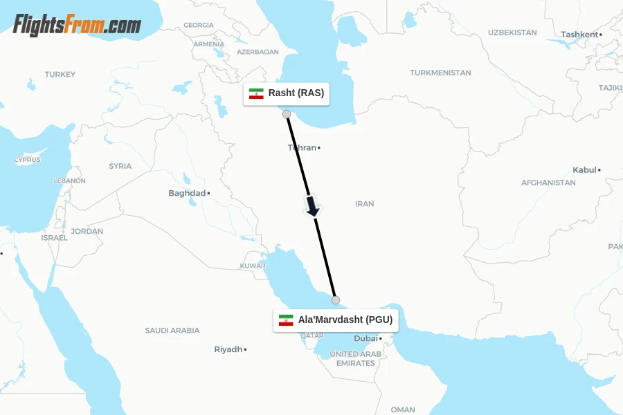 Flights from Rasht to Ala'Marvdasht route map