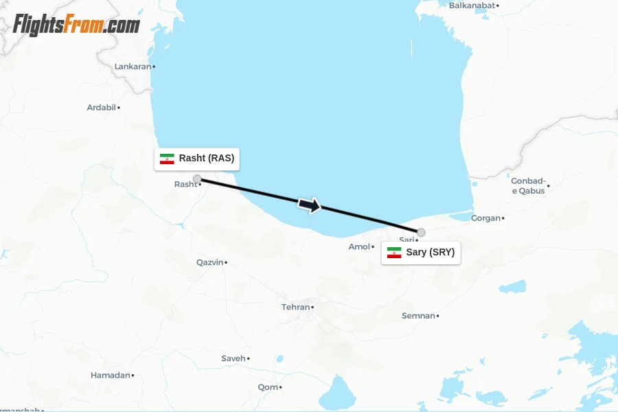 Flights from Rasht to Sary route map
