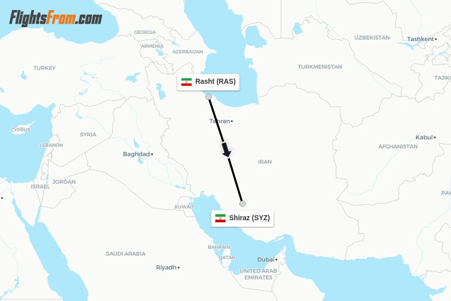 Flights from Rasht to Shiraz route map
