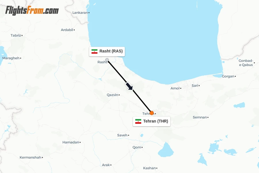 Flights from Rasht to Tehran route map