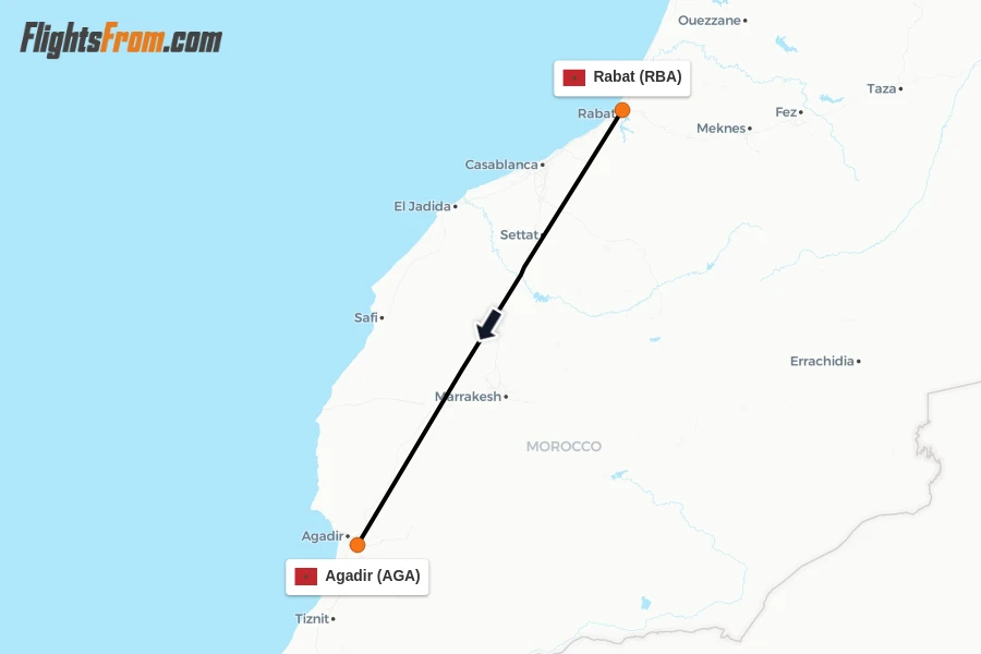Flights from Rabat to Agadir route map