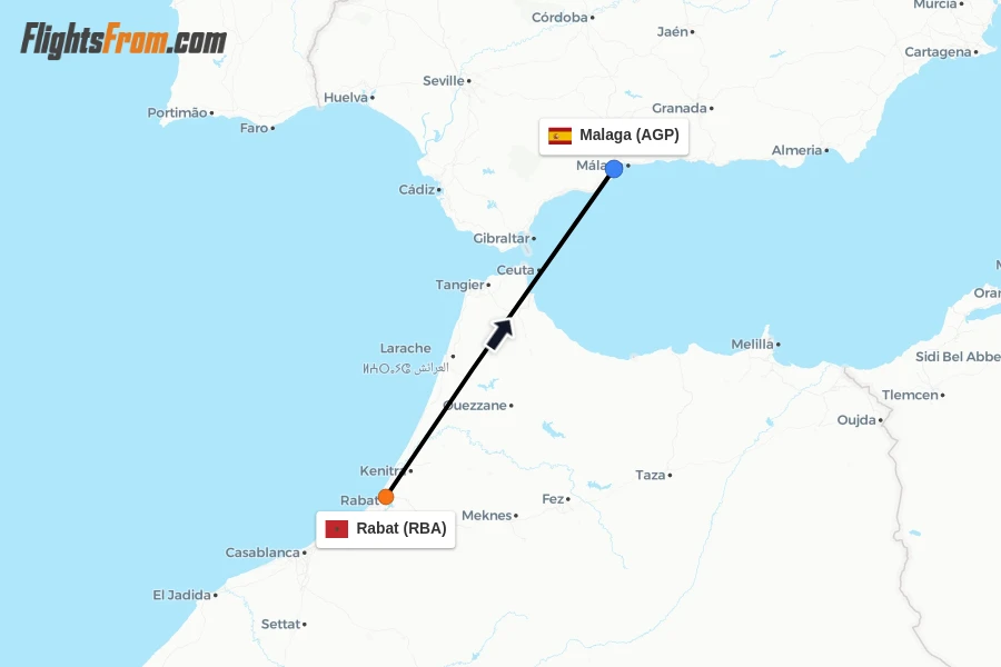 Flights from Rabat to Malaga route map