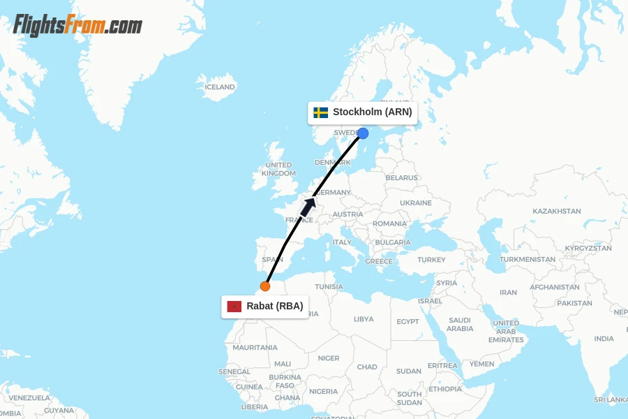 Flights from Rabat to Stockholm route map