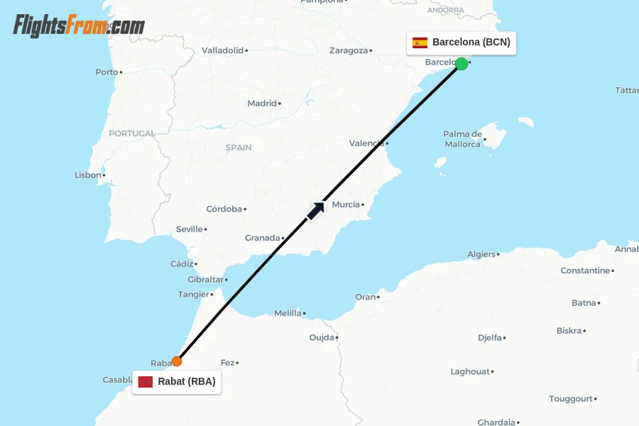 Flights from Rabat to Barcelona route map