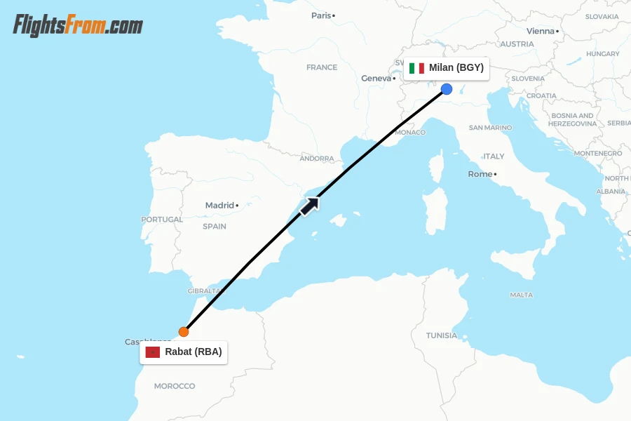 Flights from Rabat to Milan route map