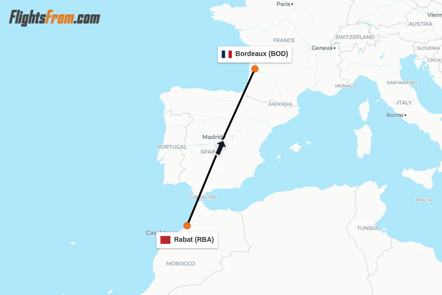 Flights from Rabat to Bordeaux route map
