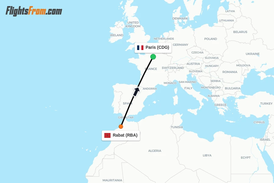Flights from Rabat to Paris route map